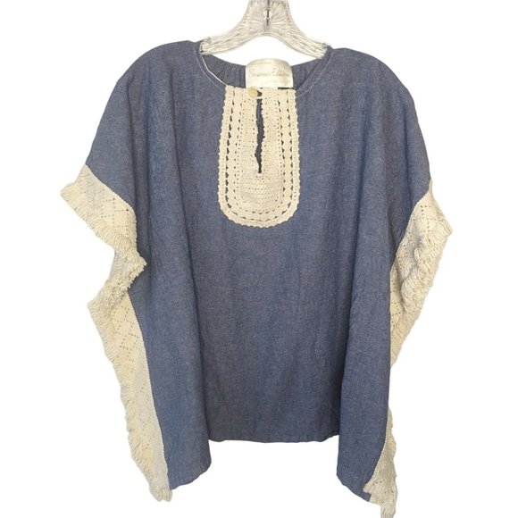 Original SOUVENIR EDITION by STACI WOO blue ivory fringe Bohemian Cotton Top S - Picture 7 of 10